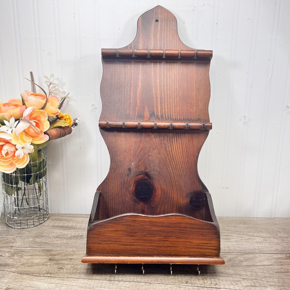 Vintage Wood Spoon Rack - 12 Spoon Display with Pocket‎ Shelf